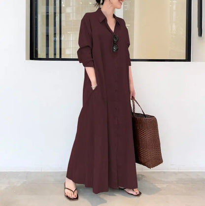 💖 Rochie-cămașă din bumbac și in, cu guler și mâneci lungi cu buzunare, stil simplu, lejer și casual.
