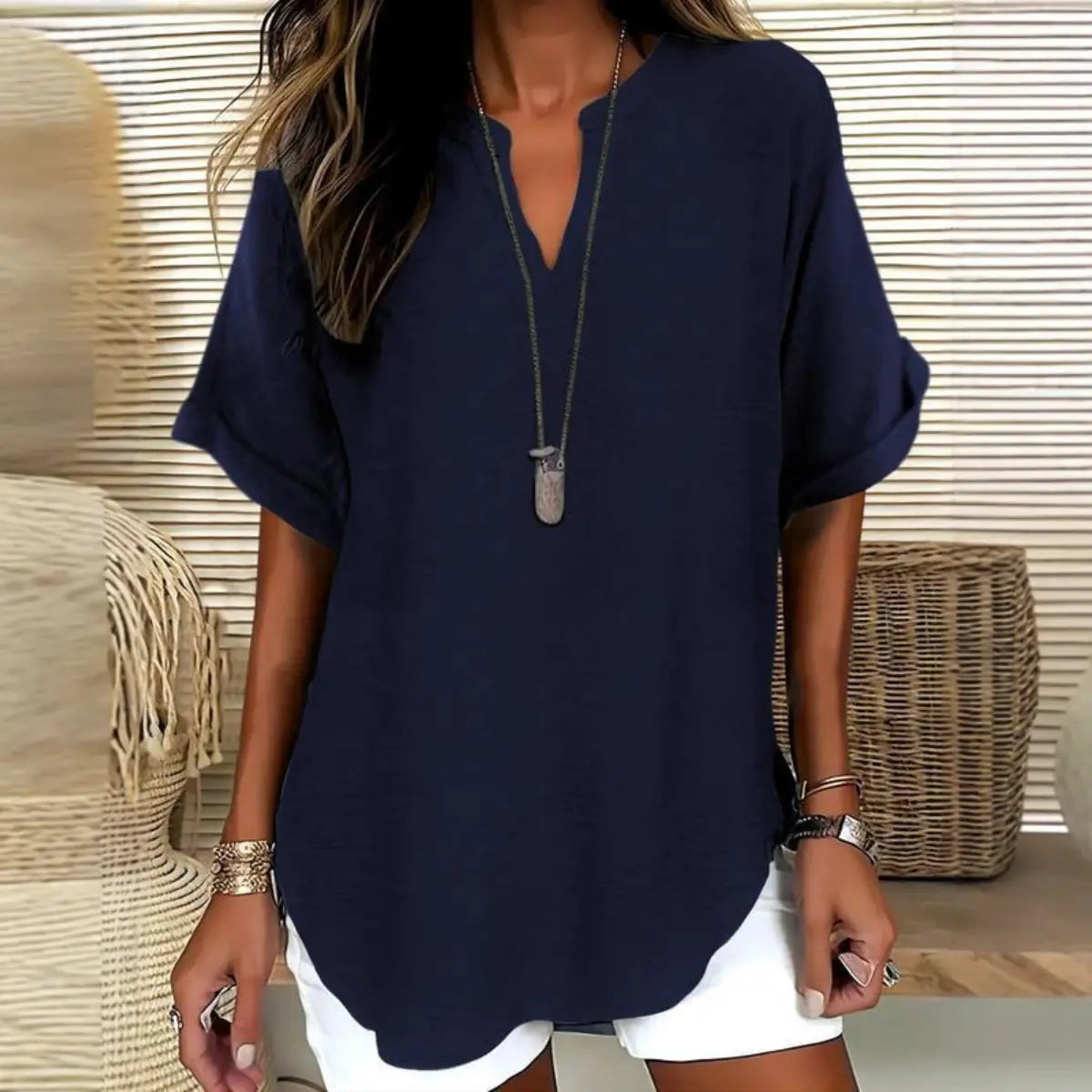🔥😍Tricou nou și modern pentru femei, cu mânecă scurtă și imprimeu în formă de V【40-120kg】