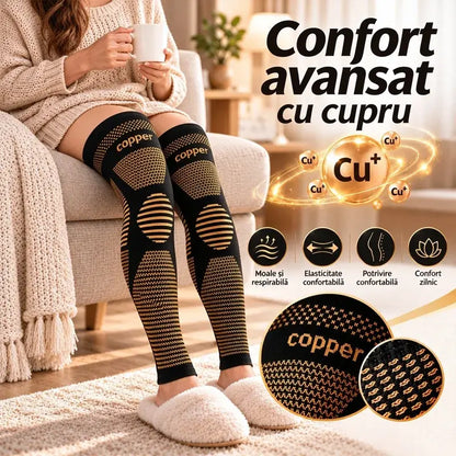 🦵 Genunchieră Lungă cu Grad de Compresie și Cuplu de Cupru · Susținere 360° pentru Toată Piciorul · Banda Antiderapantă din Silicon · Material Respirabil și Termic (M-2XL)!