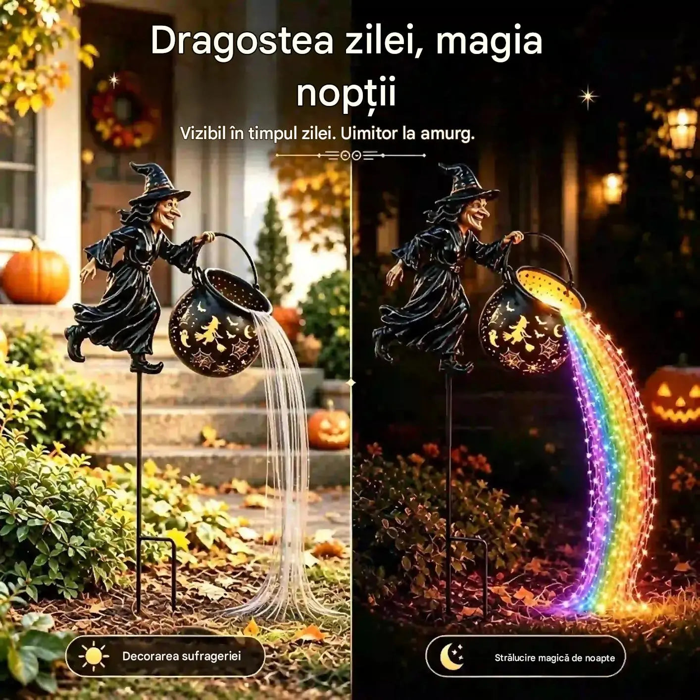 🧙‍♀️🎃 Lampă de grădină în formă de ceaun de vrăjitoare, cu lumină LED – Decorațiune exterioară spectaculoasă 🔮✨