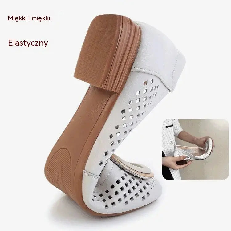 💝【Cel mai bine vândut】Pantofi eleganți din piele moale, cu toc mic și design perforat