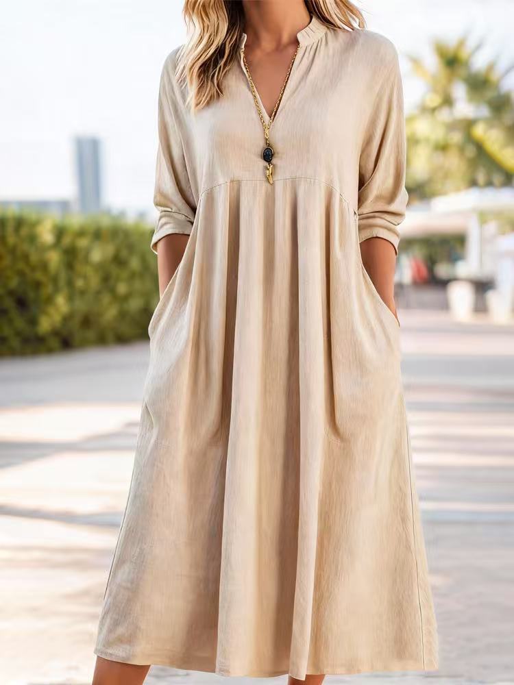 💃50% reducere🔥【40-100kg】Rochie retro nouă la modă, cu decolteu în V, confecționată din bumbac și in