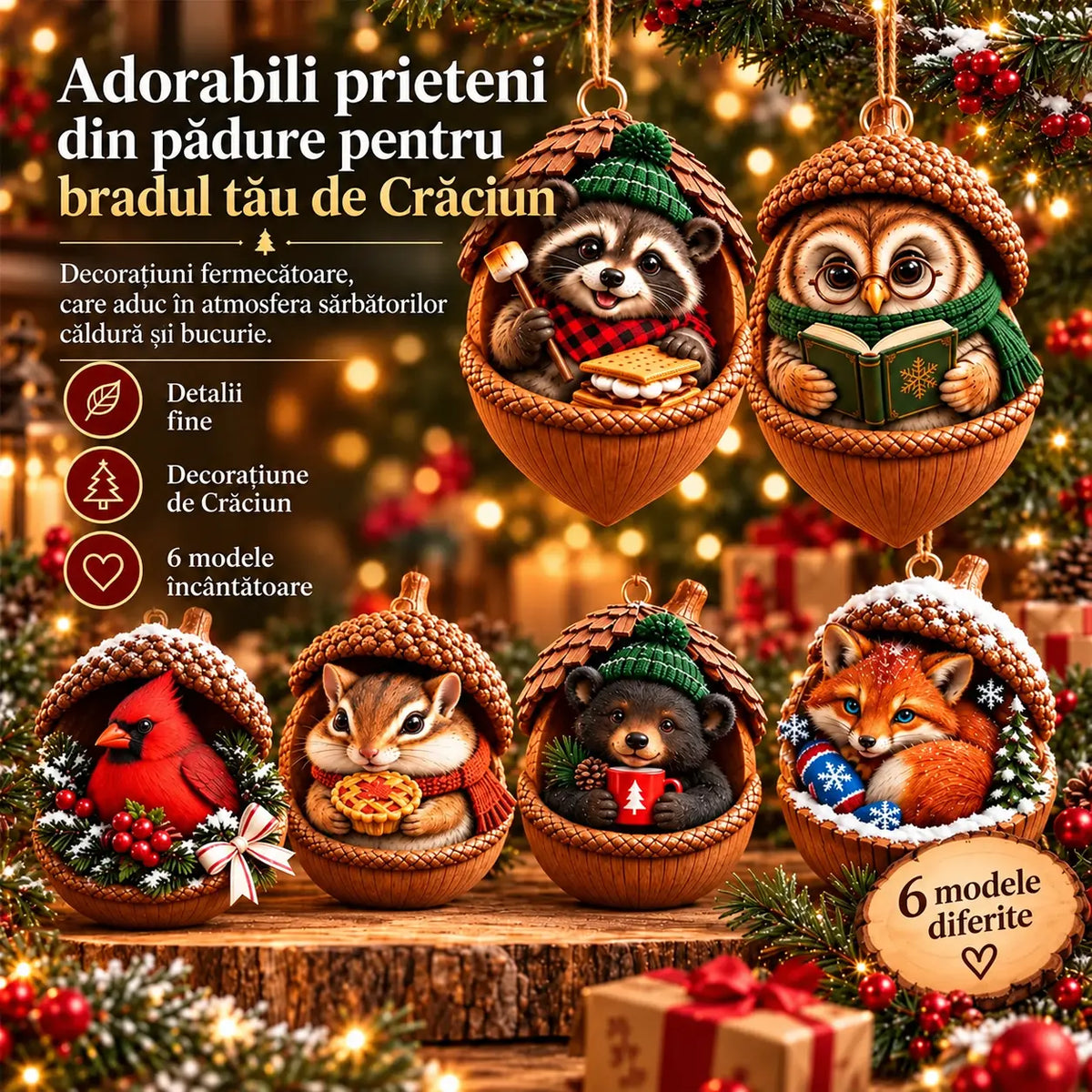 🎉【Cumperi 6, primești 6 gratis】12 bucăți la doar 139 RON! 🤩 🎁 Decorațiuni noi de Crăciun din acril 2D, cu animale în formă de conuri de brad