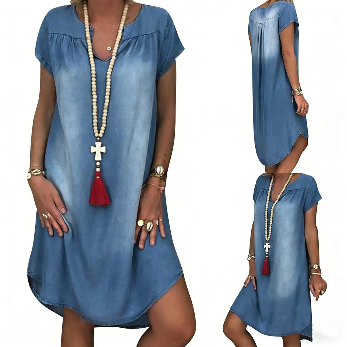 👘Reducere 50%🔥【40-100kg】Rochie din denim cu mânecă scurtă
