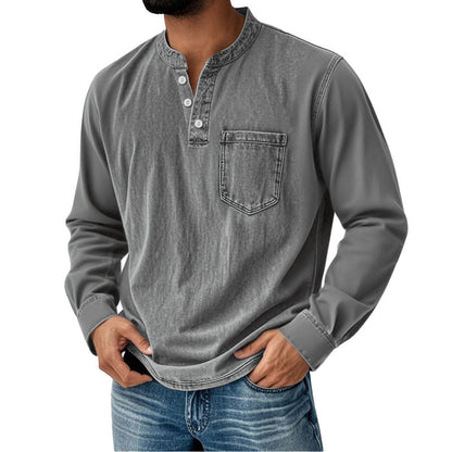 Cămașă din denim pentru bărbați, cu mâneci lungi, decolteu în V și buzunar