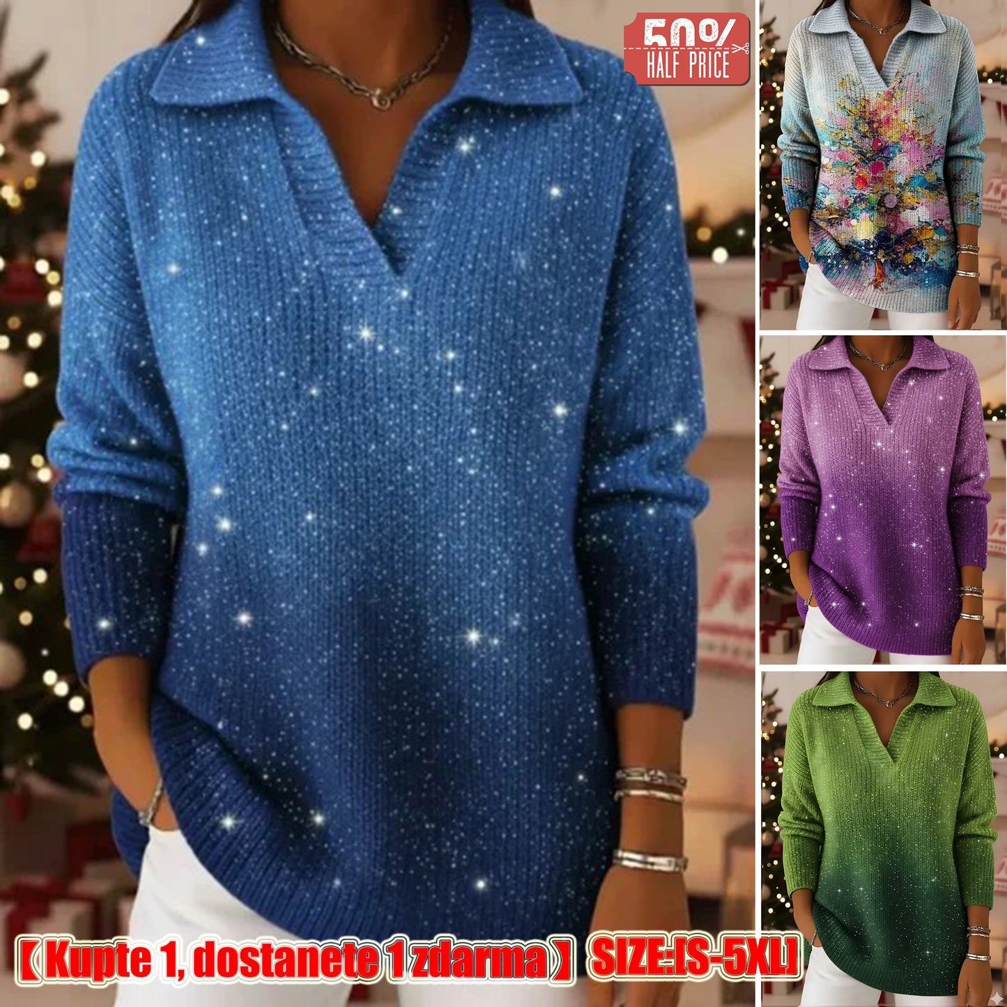🔥Nowość w sprzedaży🔥【Rozmiary S-5XL】Pletený svetr s límcem a gradientowym wzorem Sennej Gwiazdnej Niebieskiej