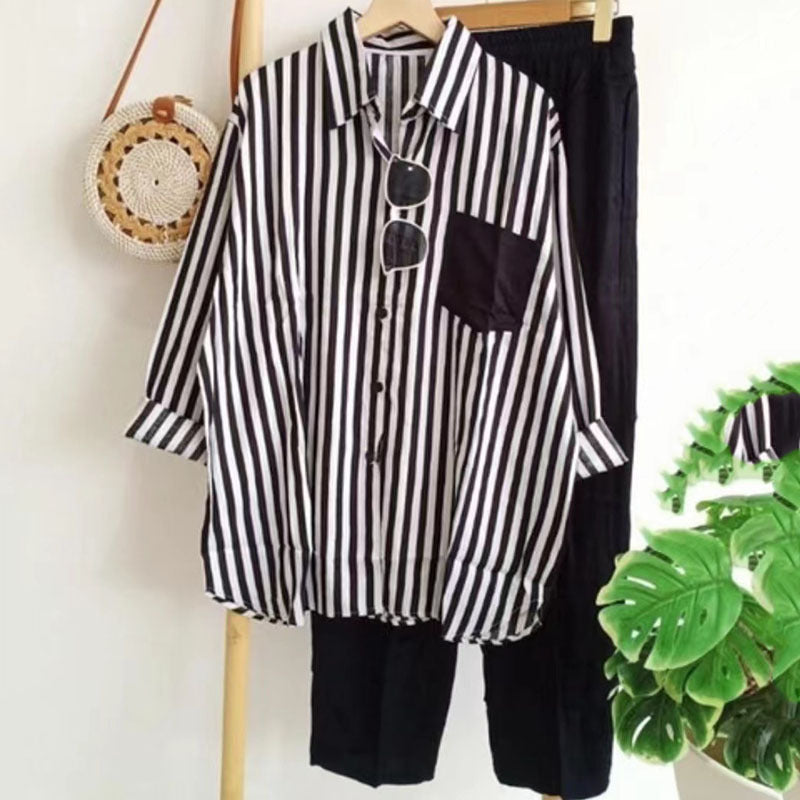🌸 Set casual elegant cu cămașă în dungi și design modern