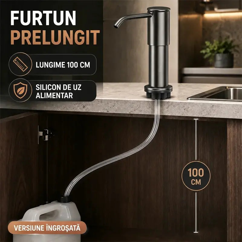 💧Dispenser Încorporabil de Săpun și Detergent pentru Chiuvetă Bucătărie, Din Oțel Inoxidabil Premium, Cu Tub Extensibil Direct în Sticlă și Bilă de Gravitație 304, Pompare Rapidă