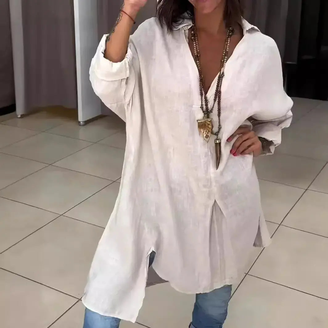 🔥Rochie cămașă casual din bumbac și in, cu crăpătură👚