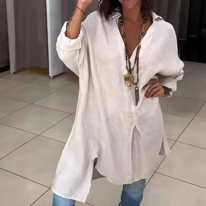 🔥Rochie cămașă casual din bumbac și in, cu crăpătură👚