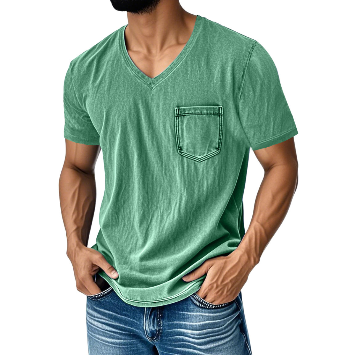 👔 50% reducere🔥【40-120 kg】Tricou bărbătesc din denim, casual, lejer, cu decolteu în V și mânecă scurtă ✅️Ramburs la livrare