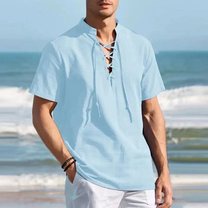 👔🔥Tricou Henley pentru bărbați, talie mare/lungă, din bumbac și in, cu decolteu în V și șireturi