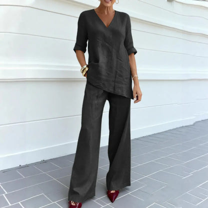 ❤️50% Reducere💥【40-100 kg】Set 2026: Top uni din bumbac și in, mânecă scurtă și decolteu în V + pantaloni casual drepți ✅️Ramburs la livrare
