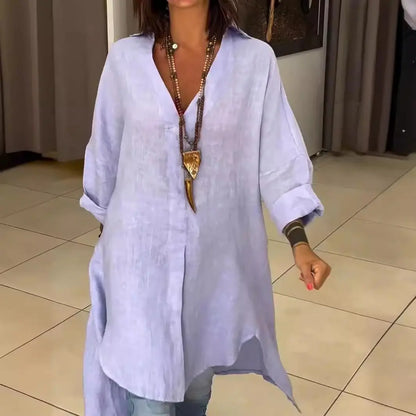 🔥Rochie cămașă casual din bumbac și in, cu crăpătură👚