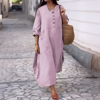 💃【40-120kg】Rochie de damă de vară, casual, de culoare uni, din bumbac și in, cu decolteu rotund