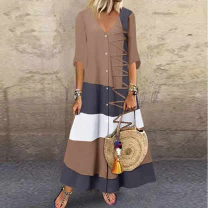 💃Reducere 50%🔥【40-120kg】Rochie maxi modernă de vară, cu decolteu în V și nasturi, perfectă pentru o vacanță la plajă.