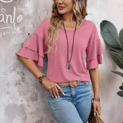 🎀Tricou de damă nou, de culoare uni, cu decolteu în V și mâneci duble, lejere.