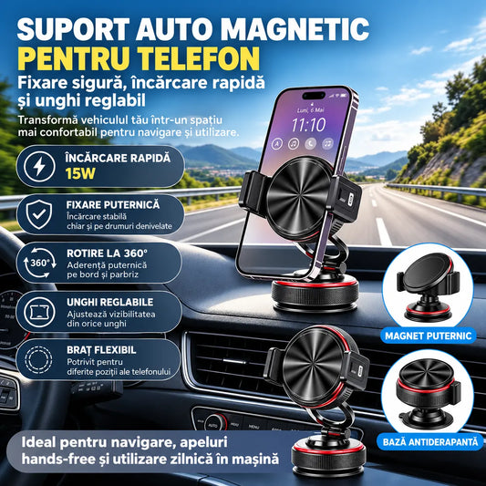 📱 Reducere de 50%! Suport auto pentru telefon cu ventuză, forță magnetică de 20 N, braț telescopic și rotație la 360°. Stabil și pliabil! ✨🚗