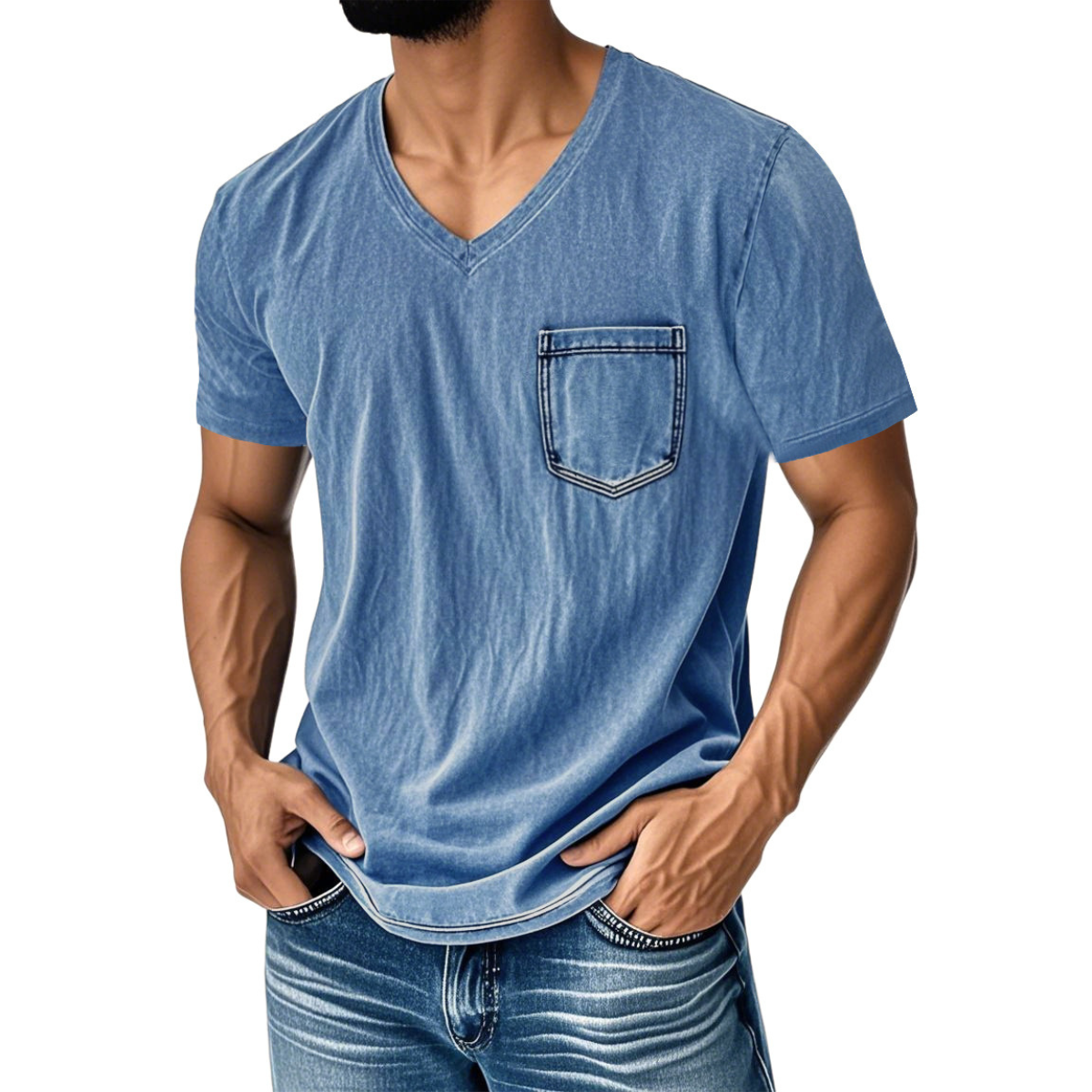 👔 50% reducere🔥【40-120 kg】Tricou bărbătesc din denim, casual, lejer, cu decolteu în V și mânecă scurtă ✅️Ramburs la livrare