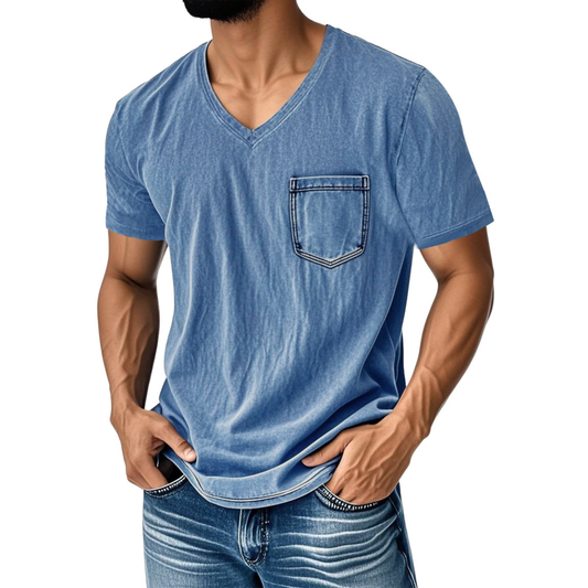 👔 50% reducere🔥【40-120 kg】Tricou bărbătesc din denim, casual, lejer, cu decolteu în V și mânecă scurtă