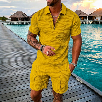 😎🔥【Top + Pantaloni】 (40-130 kg) Set de zi cu zi format din tricou polo cu fermoar și imprimeu 3D pentru bărbați