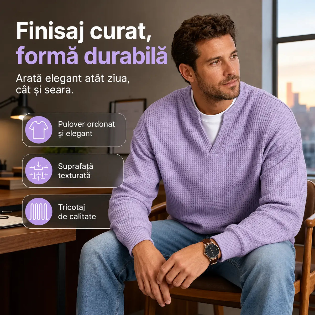 👚✨ Confort atemporal | Tricou bărbătesc cu mânecă lungă, textură tip fagure și efect de suprapunere a straturilor