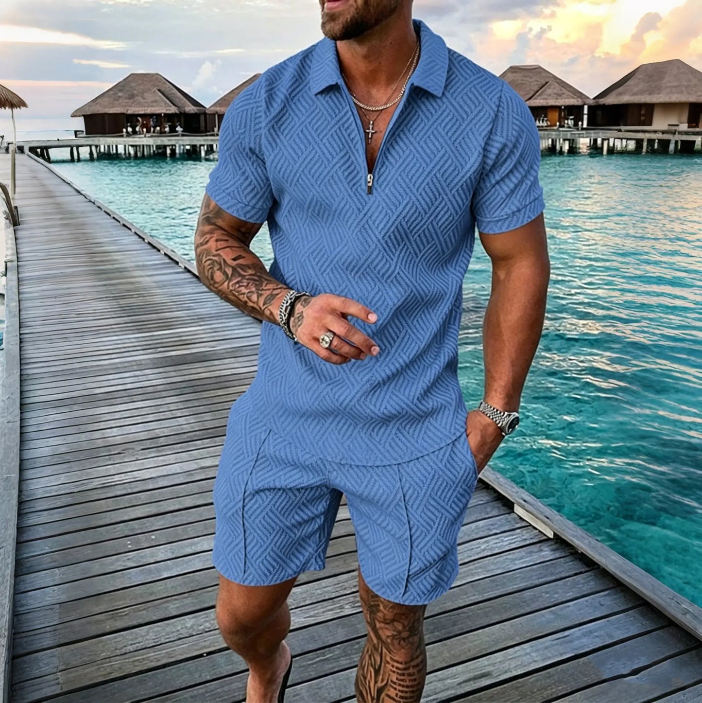 😎🔥【Top + Pantaloni】 (40-130 kg) Set de zi cu zi format din tricou polo cu fermoar și imprimeu 3D pentru bărbați