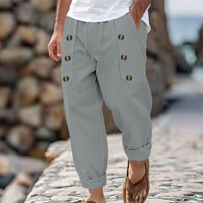 👖【40-100kg】Pantaloni lungi casual hawaieni pentru bărbați, cu mulți nasturi, confecționați din bumbac și in
