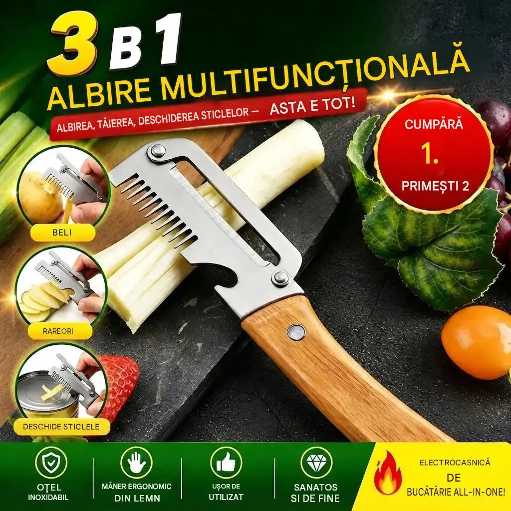 ✅【1+1 GRATIS】2 buc. 129 RON 🧅🔪 Curățător de legume multifuncțional „3 în 1”: curățare, feliere și deschidere sticle! 🔥