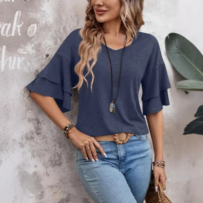 🎀Tricou de damă nou, de culoare uni, cu decolteu în V și mâneci duble, lejere.