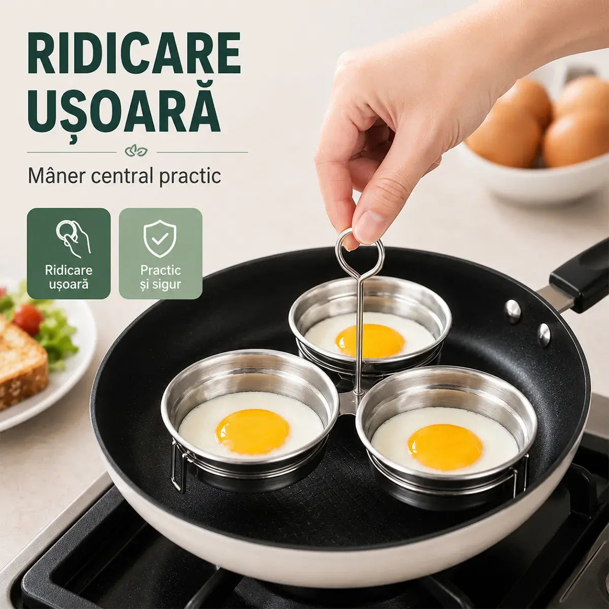 Formă din Oțel Inoxidabil pentru Ouă Ochiuri și Poșate – Set 3 Cavități cu Formă de Inimă / Cerc, Ideală pentru Micul Dejun, Budinci și Tarte 🍳🍳🍳