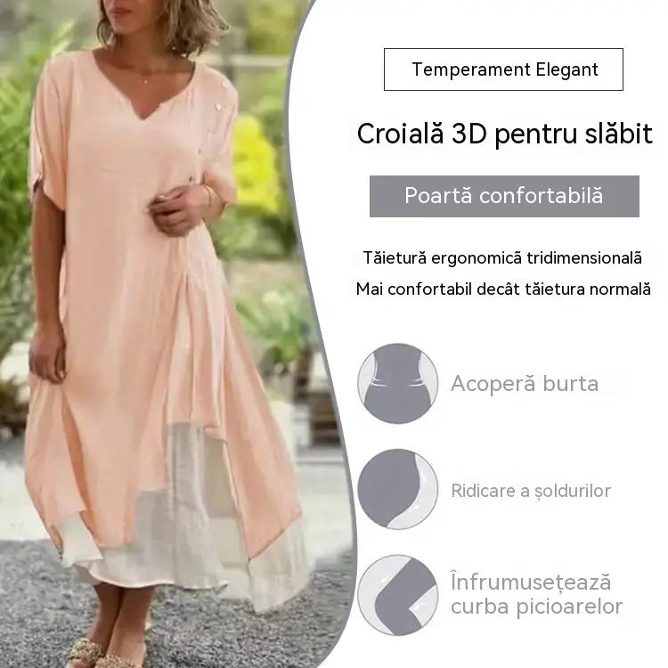 🎁【S-4XL】Rochie de lenjerie intimă din bumbac, la modă, cu decolteu în V, falsă, din două piese, neregulată, din două piese