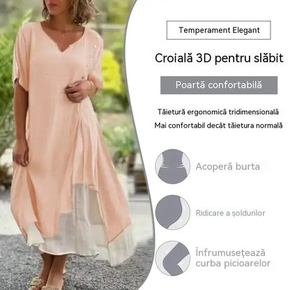 🎁【S-4XL】Rochie de lenjerie intimă din bumbac, la modă, cu decolteu în V, falsă, din două piese, neregulată, din două piese