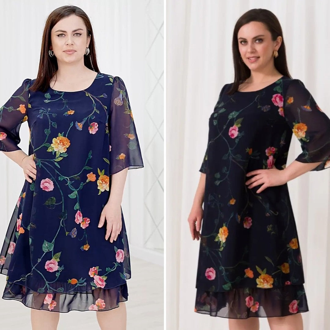 💥【Ofertă specială de vară】💕【S-5XL】👗Rochie elegantă cu imprimeu din plasă și mâneci cu volane