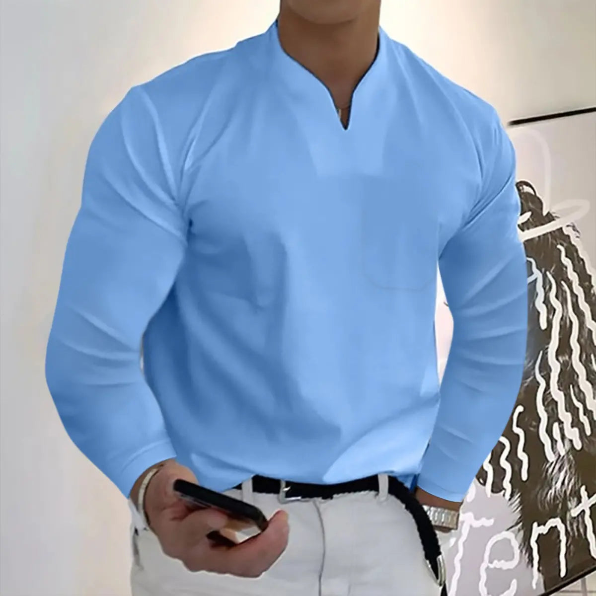 👔🔥Tricou sport bărbătesc din bumbac cu mânecă lungă și decolteu în V