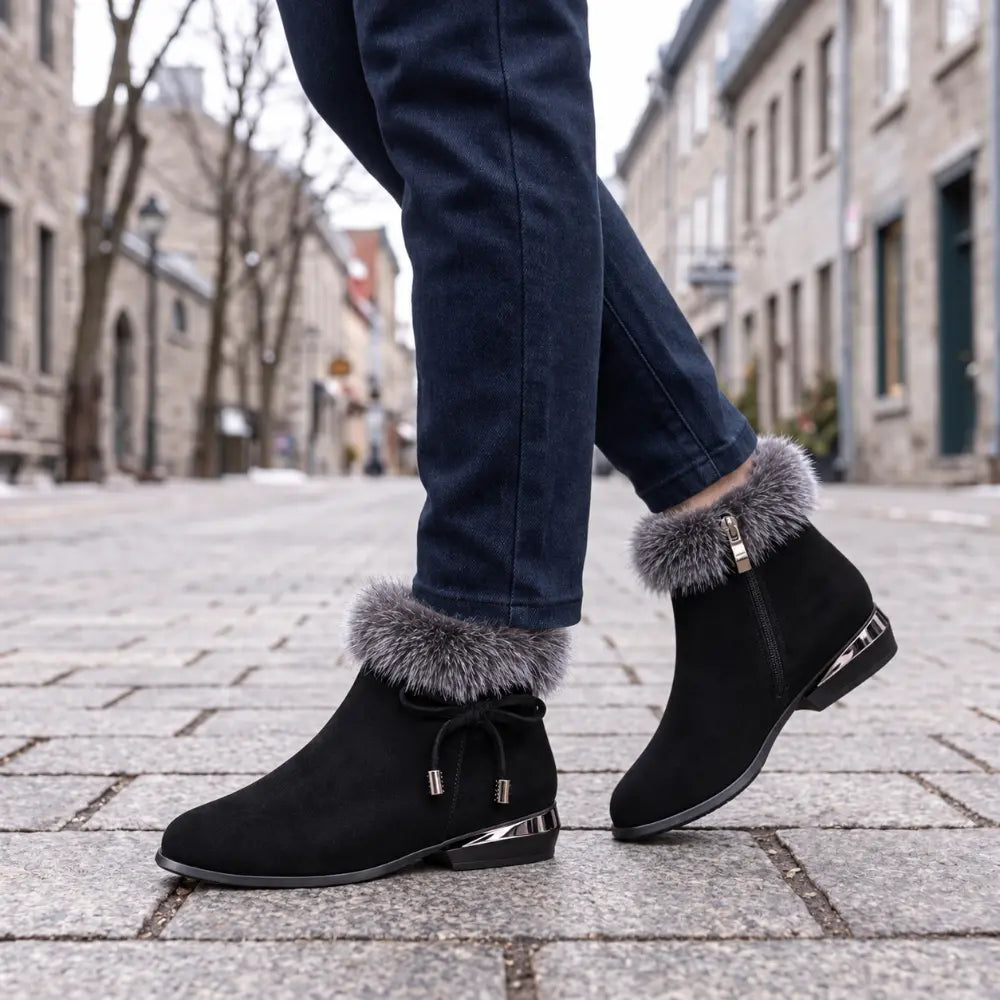 👢【35-41】Botine de damă cu toc mediu și vârf rotund, din piele neagră moale.