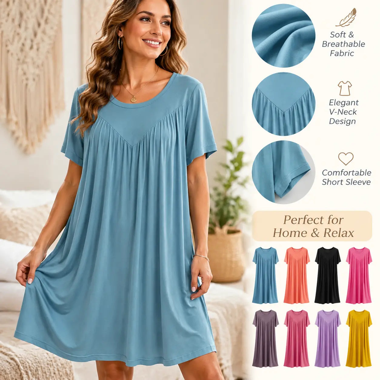 💖【S-4XL】Rochie de pijama cu mânecă scurtă, moale și confortabilă.
