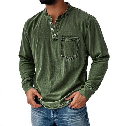 👔🔥Cămașă bărbătească din denim cu mâneci lungi și decolteu în V, cu buzunar