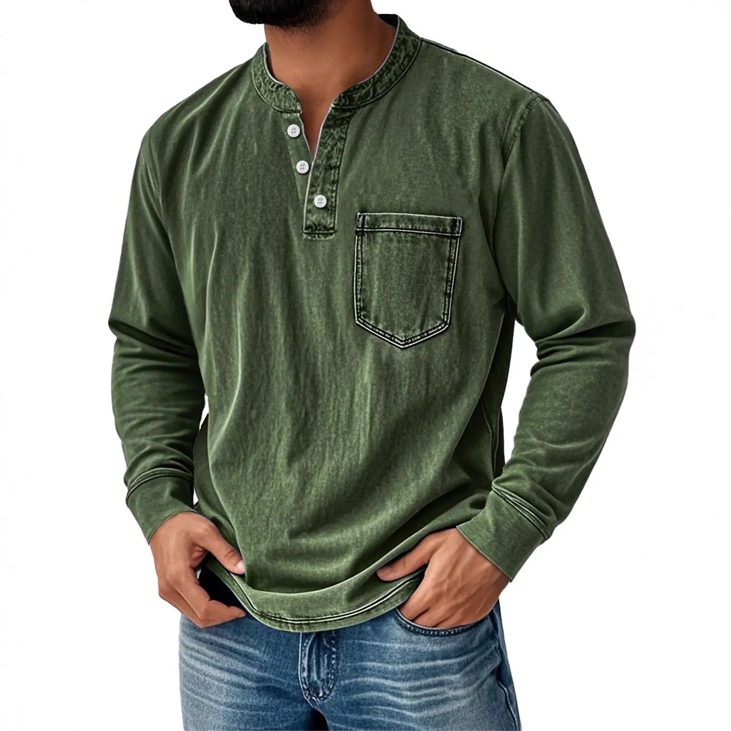 👔🔥Cămașă bărbătească din denim cu mâneci lungi și decolteu în V, cu buzunar