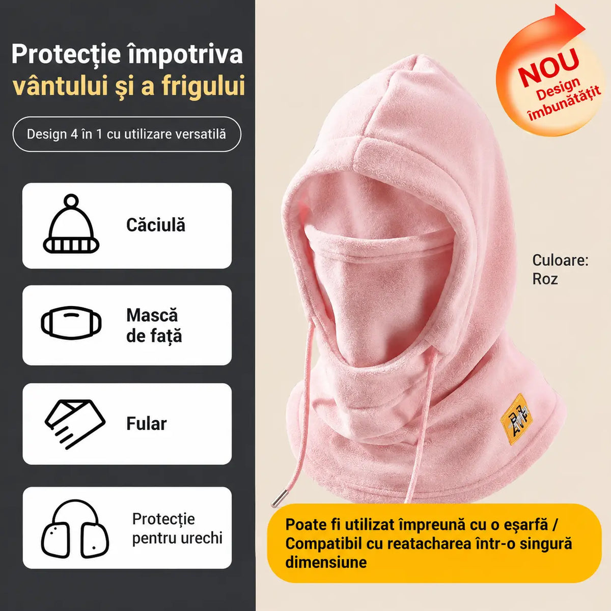 ❄️ Cagulă termică cu acoperire completă și căptușeală din fleece, concepută pentru protecție împotriva frigului chiar și la temperaturi de până la -20°C. ⛷️ Ideală pentru schi, motociclism și activități în aer liber