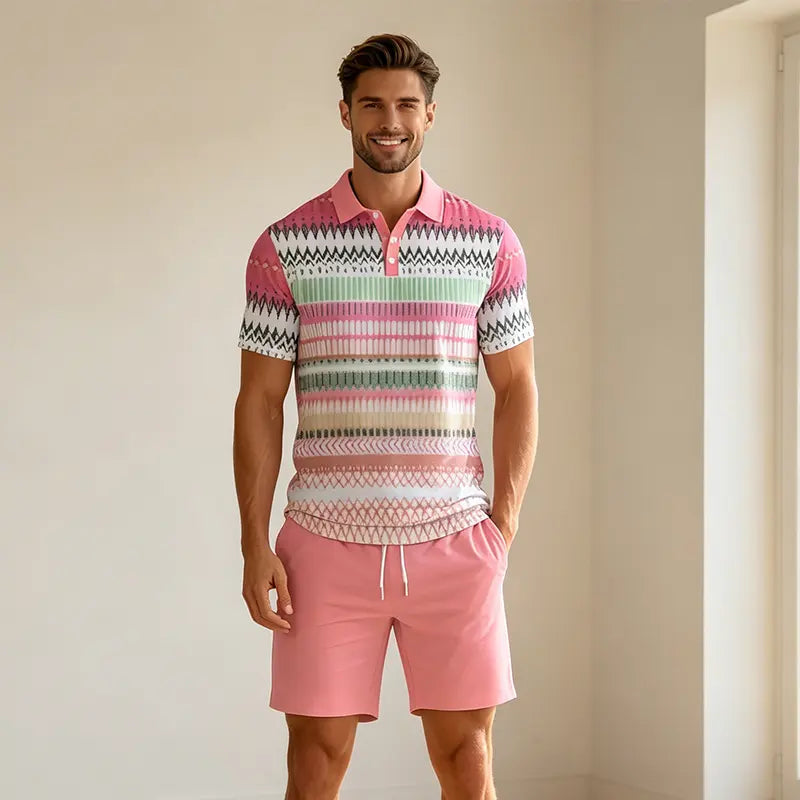 ✨Colecția Vară 2026✨ Set Tricou Polo și Pantaloni scurți pentru bărbați 🏝️ Imprimeu digital 3D modern!