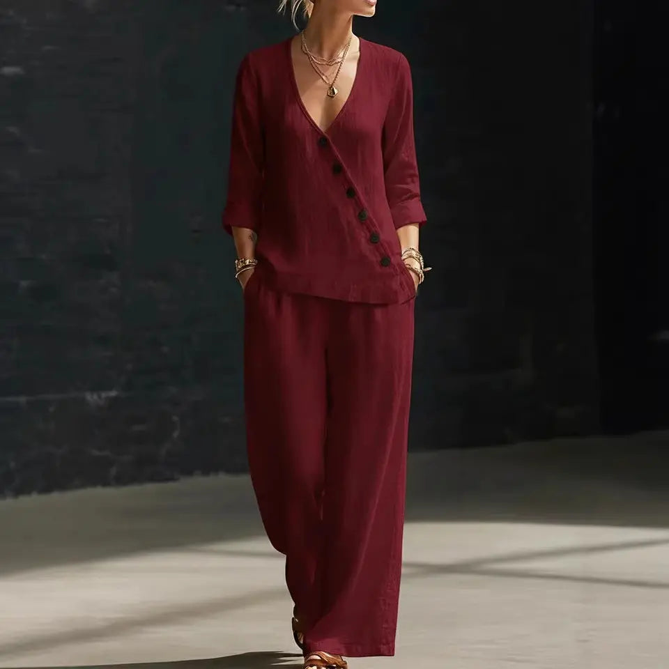 🥰【Bluză + Pantaloni】(40-120 kg) Set din două piese - Bluză simplă cu decolteu în V și pantaloni cu croi larg