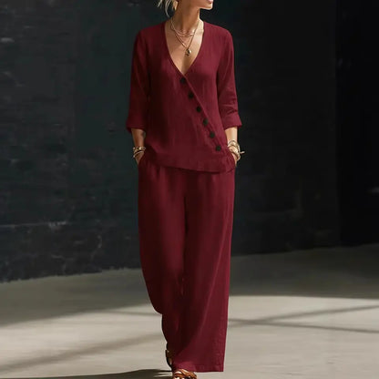 🥰【Bluză + Pantaloni】(40-120 kg) Set din două piese - Bluză simplă cu decolteu în V și pantaloni cu croi larg