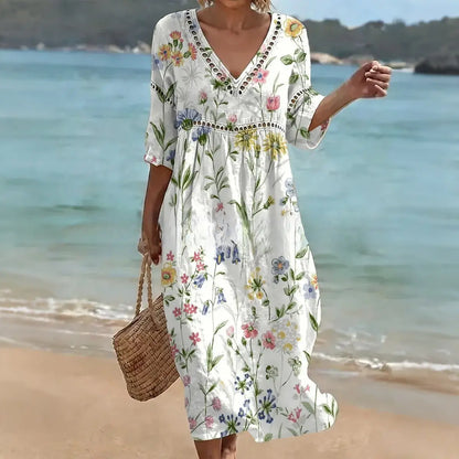 ✨Rochie lungă din bumbac și in cu imprimeu floral, stil estival, decolteu în V, talie definită.