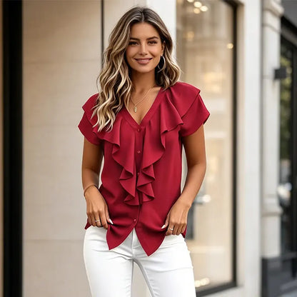 ✨✨Bluză elegantă de vară pentru femei, cu decolteu în V – Cămașă casual cu volane și nasturi; material moale, respirabil și răcoros.