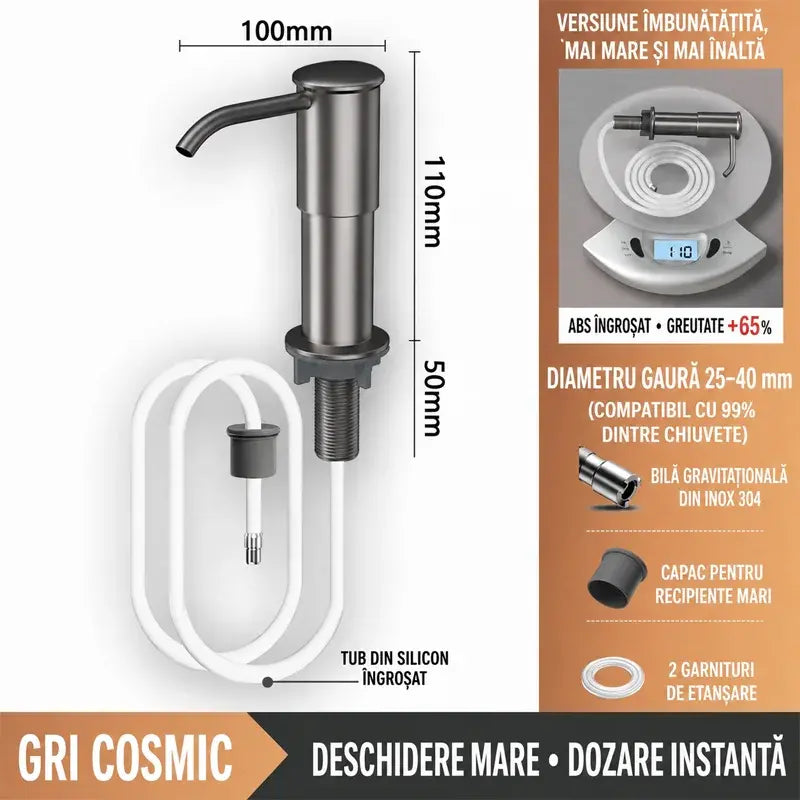 Dispenser Încorporabil de Săpun și Detergent pentru Chiuvetă Bucătărie, Din Oțel Inoxidabil Premium, Cu Tub Extensibil Direct în Sticlă și Bilă de Gravitație 304, Pompare Rapidă
