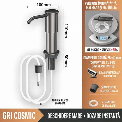 Dispenser Încorporabil de Săpun și Detergent pentru Chiuvetă Bucătărie, Din Oțel Inoxidabil Premium, Cu Tub Extensibil Direct în Sticlă și Bilă de Gravitație 304, Pompare Rapidă