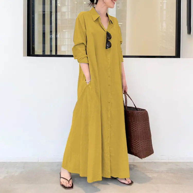 💖 Rochie-cămașă din bumbac și in, cu guler și mâneci lungi cu buzunare, stil simplu, lejer și casual.