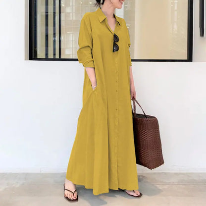 💖 Rochie-cămașă din bumbac și in, cu guler și mâneci lungi cu buzunare, stil simplu, lejer și casual.