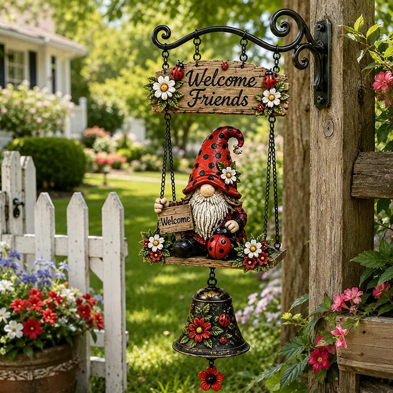 🎅Clopoțel de Bun Venit cu Pitic de Grădină, Plăcuță „Welcome”, Clopoțel Retro din Bronz, Suport de Perete din Fier, Decorațiune Curte și Terasă